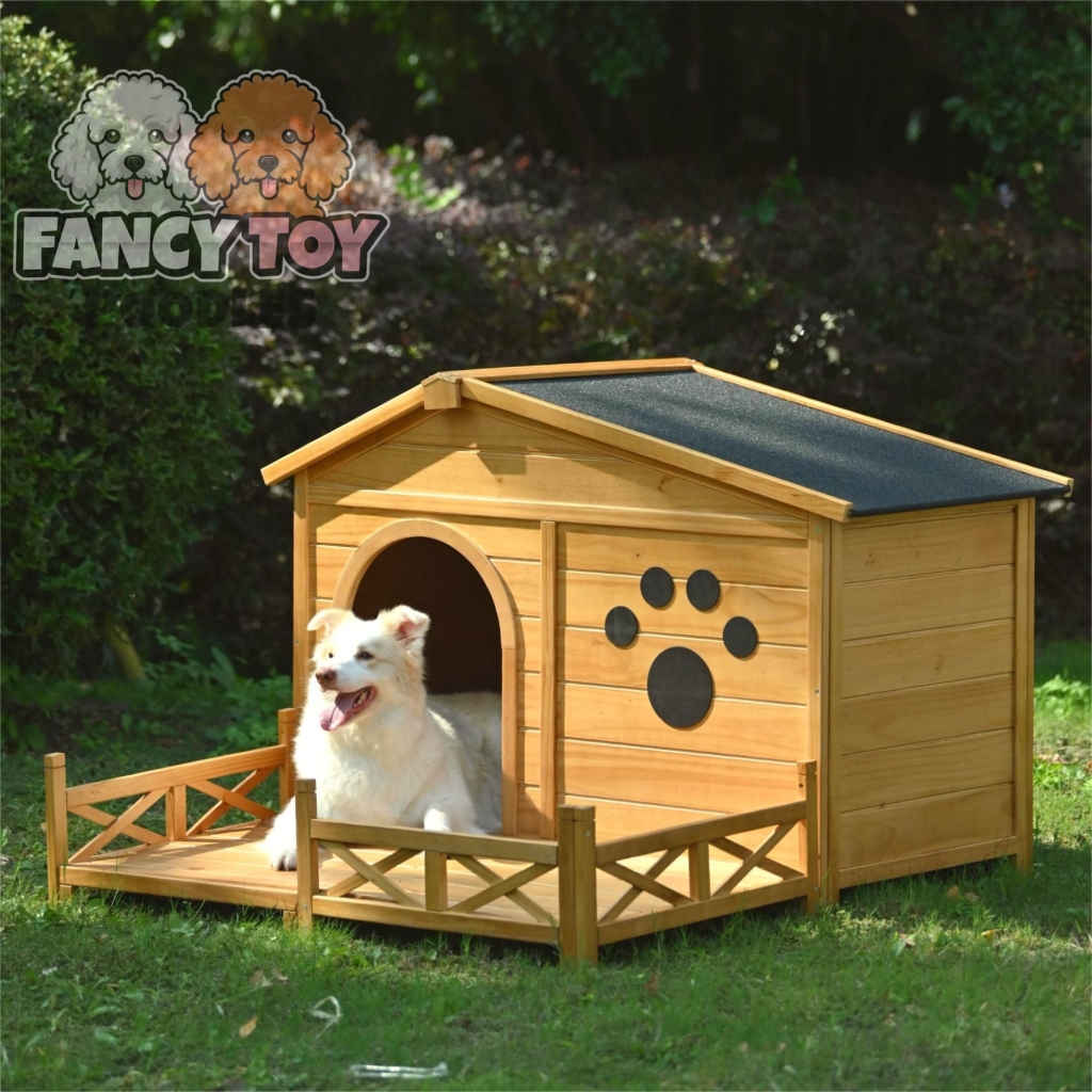 48" Wooden Dog House Outdoor with Porch, Dog Kennel with Water-Resistant Asphalt Roof and Fencing,Indoor & Outdoor Dog Crate with Paw Print,... Dog House